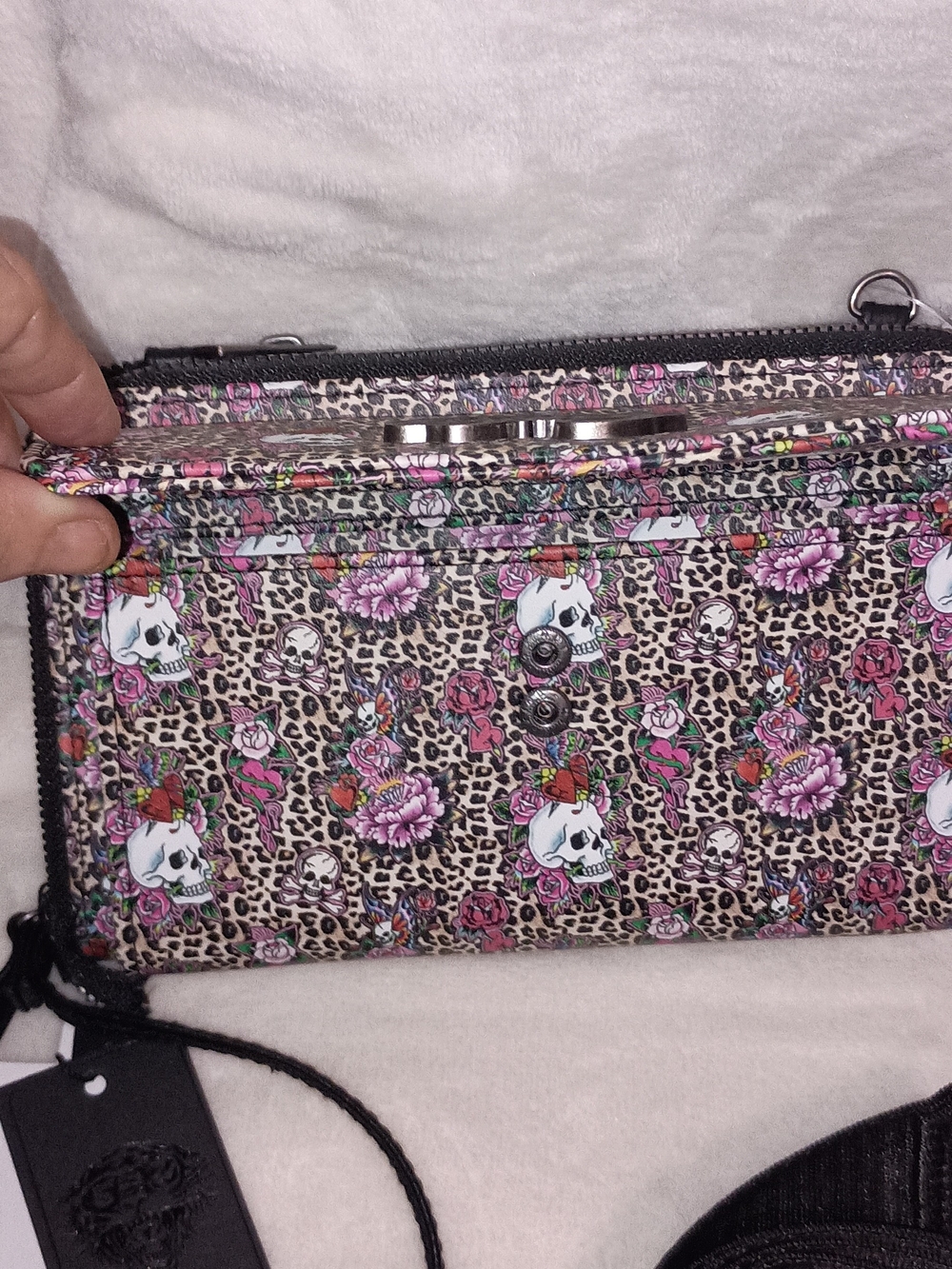 Ed Hardy Leopard Skull Floral Crossbody Wallet in Beige, Pink, Black
